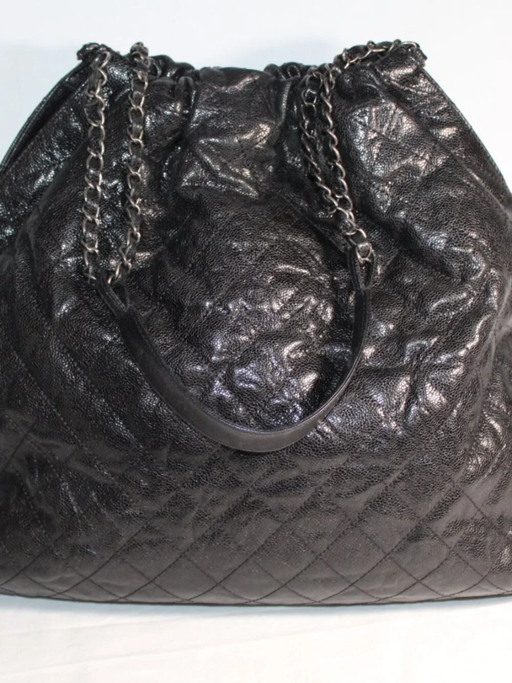 Chanel Caviar Black Hobo Quilted Elastic CC Chain Leather Strap Shopper Tote
